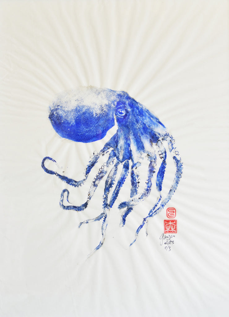 Gyoaku de poulpe bleu , giotaku, fishprint, art japonais, estampes 