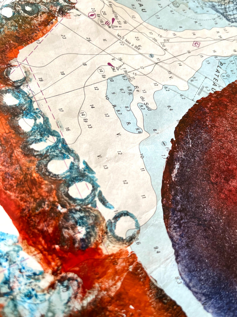 Gyotaku couleurs de poulpe, gorgones et bogues sur carte marine originale de l'île d'Oléron - Gyotaku-Darkoï