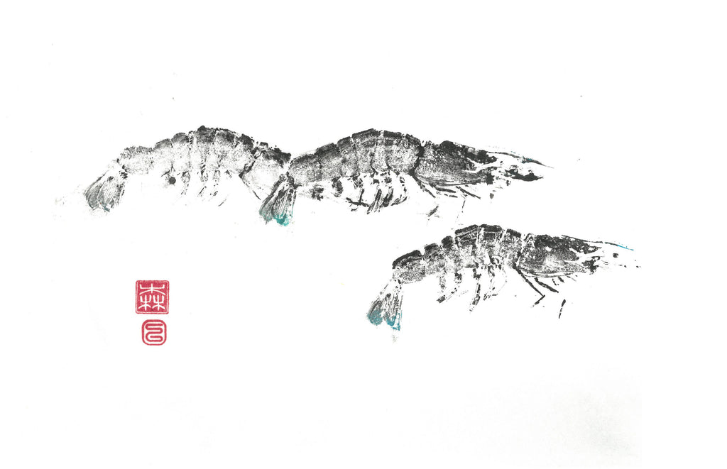 Gyoaku de gambas  giotaku, fishprint, art japonais, estampes 