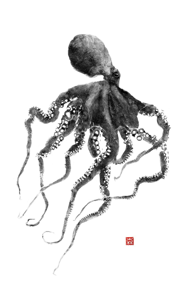 Poster, reproduction de gyotaku, empreinte encre de chine de poulpe