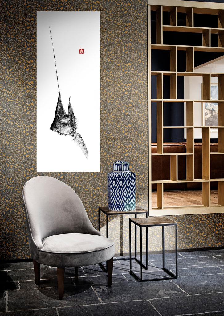 Poster, reproduction de gyotaku, empreinte encre de chine d'espadon